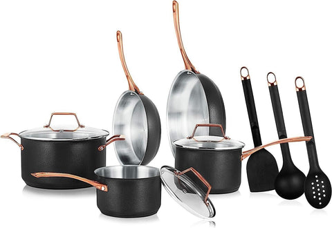 NCONYX Non-stick Kitchenware Pots&Pans -11 Pcs- Black / Golden Handles